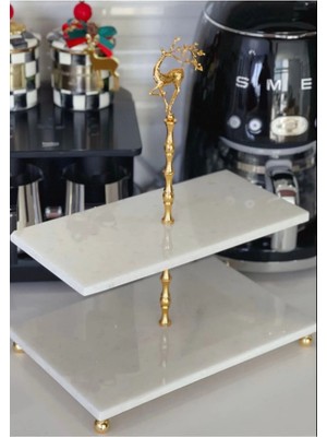 Ege Gross Dekoratif 2 Katlı Doğal Mermer Standı Pastalık Gold Geyik Detaylı