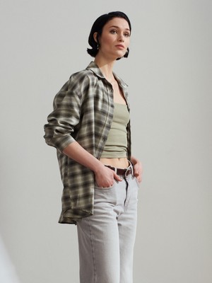 Dilvin 50538 Yün Karışımlı Oversize Gömlek-Yeşil