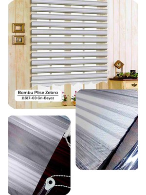 YS Perde Tasarım Lux Bambu Keten Plise Renk Geçişli Zebra Stor Perde, Alüminyum Kasalı Yüksek Kaliteli - Gümüş, Gri PKYQ/03W