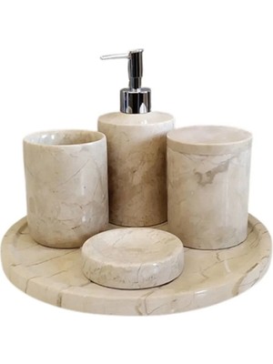 Ege Gross Dekoratif Bej Mermer Gümüş Detaylı 5 Li Banyo Seti Takımı