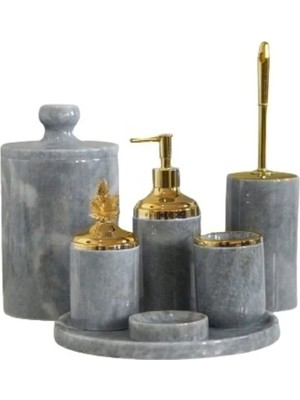 Ege Gross Dekoratif Gri Mermer Gold Yaprak Detaylı 7 Li Banyo Seti Takımı