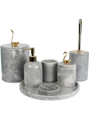 Ege Gross Dekoratif Grı Mermer Gold Kuş Kuğu Detaylı 7 Li Banyo Seti Takımı