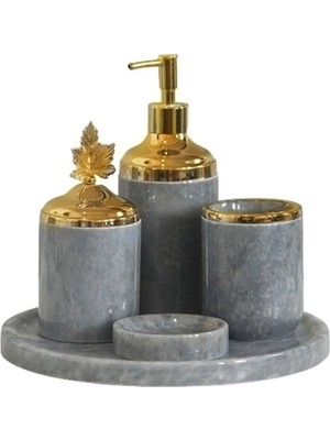 Ege Gross Dekoratif Gri Mermer Goldyaprak Detaylı 5 Li Banyo Seti Takımı