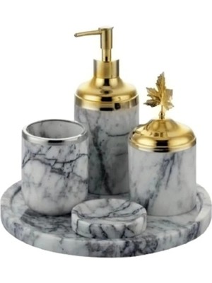 Ege Gross Dekoratif Leylak Mermer Gold Yaprak Detaylı 5 Li Banyo Seti Takımı