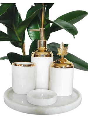 Ege Gross Dekoratif Beyaz Mermer Altın Yaprak Detaylı 5 Li Banyo Seti Takımı