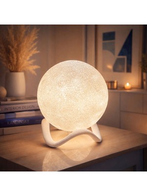 Basart 3D Tasarım Ay Küre Gece Lambası -Premium Dekoratif Mood Aydınlatma - Özel Dalga Standlı Masa Lambası