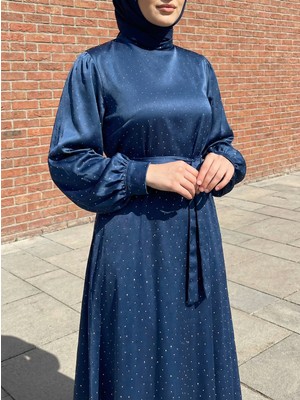 Foremia Saten Taşlı Elbise-Petrol Mavisi -