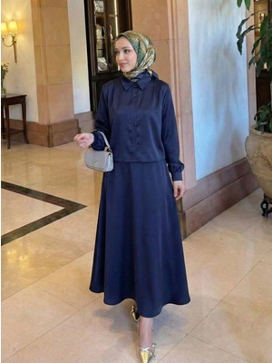 Foremia Omuz Pile Detay Saten Etekli Takım-Lacivert -