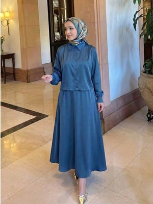 Foremia Omuz Pile Detay Saten Etekli Takım-Petrol Mavisi -