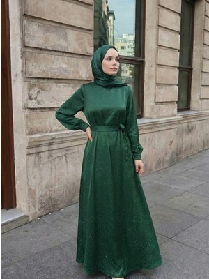 Foremia Saten Taşlı Elbise-Zümrüt Yeşili -