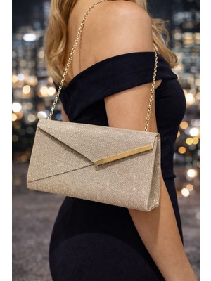 Mg Şampanya Simli Abiye Clutch Çanta – Zincir Askılı Gold Detaylı