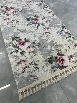 Dinarsu Halı Dinarsu Embos Halı Elina Gri Kaymaz Taban Yolluk Makinede Yıkanabilir Halı Krem Düğüm Saçaklı