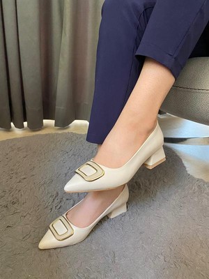 Difolia Kadın Krem Deri Tokalı  Stiletto Alcak Ökçe Abiye Ayakkabı