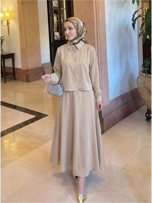 Foremia Omuz Pile Detay Saten Etekli Takım-Taş -