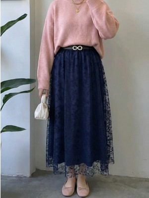 Foremia Flok Baskı Etek-Lacivert -