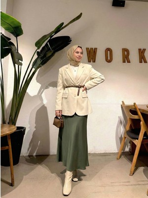 Foremia Fermuar Detay Saten Etek-Haki -