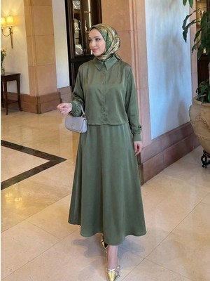 Foremia Omuz Pile Detay Saten Etekli Takım-Haki -