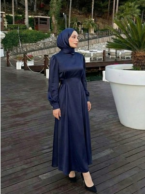 Foremia Kuşak Aksesuar Detay Saten Elbise-Lacivert -