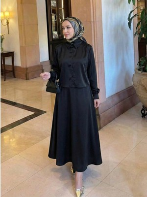 Foremia Omuz Pile Detay Saten Etekli Takım-Siyah -