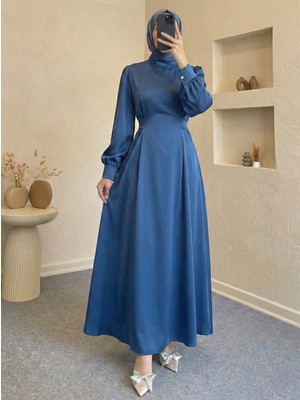 Foremia Kuşak Aksesuar Detay Saten Elbise-Petrol Mavisi -