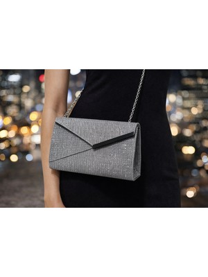 Mg Şampanya Simli Abiye Clutch Çanta – Zincir Askılı Gold Detaylı