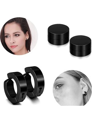 Jaida Moda Unisex Siyah Deliksiz Kulaklar Için Sıkıştırmalı ve Manyetikli Küpe