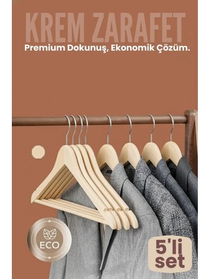 Creatividad Solutions 5'li Lüks Krem Elbise Ceket Askısı - Ergonomik & Kaymaz Plastik Askı Seti -  Ahşap Görünümlü 722531