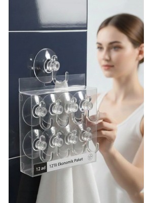 Creatividad Solutions 12'li Şeffaf Askılı Vantuz Kanca | Banyo & Mutfak Duvar Askısı (4cm) - 1.36KG Taşıma 722497