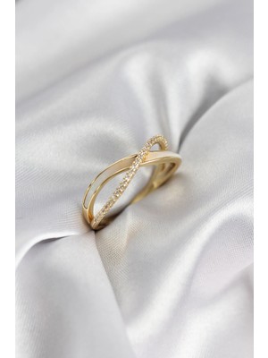 Luz&Pos Zirkon Taşlı Sarmal Sedefli Gold Renk Kadın Yüzük