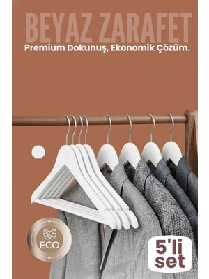 Creatividad Solutions 5'li Lüks Beyaz Elbise Ceket Askısı - Ergonomik & Kaymaz Plastik Askı Seti -  Ahşap Görünümlü 722530
