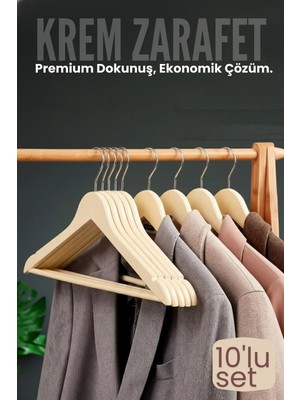 Creatividad Solutions 10'lu Lüks Krem Elbise Ceket Askısı - Ergonomik & Kaymaz Plastik Askı Seti -  Ahşap Görünümlü 722534