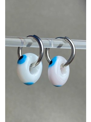 Jaida Moda Kadın Gümüş Paslanmaz Çelik Beyaz Nazar Boncuğu Desenli Charmlı Sallantılı Halka Küpe