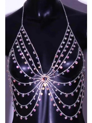 Caş Dekorasyon Gümüş Renk Pembe Taşlı Bralet Vücut Aksesuarı