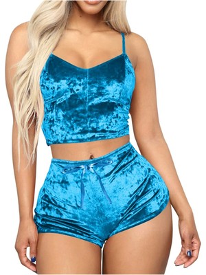 Ece's Design Kadife Pijama Takımı Şort 2'li Set Yumuşak Ev Giyim Loungewear W2001