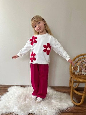 ButumiKids Kız Çocuk Çiçek Örgü Süzene Işleme Detaylı Likralı Pamuk Kumaş Alt Üst Takım