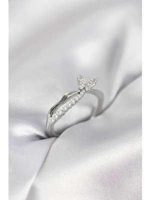 Luz&Pos Gümüş Renk Kuyruklu Kelebek Model Incili Kadın Yüzük