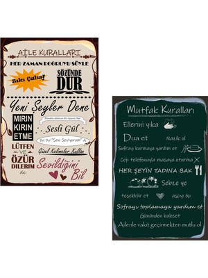 Tp Retro Vintage 5 mm Ahşap Üzerine Aile ve Mutfak Kuralları Temalı Poster Tablo 20X30 cm