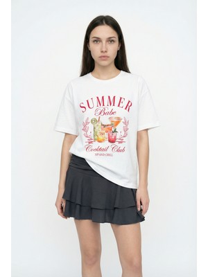 Quzu Summer Babe Baskılı Oversize Tişört Ekru