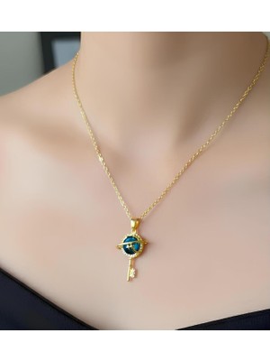 Bontexs Kadın Gezegen ve Anahtar Kolye 14 Ayar Altın Kaplama Şık Tasarım  Turkuaz Taşlı Astronomi Kolye Özel Tasarım Hediye Seçeneği