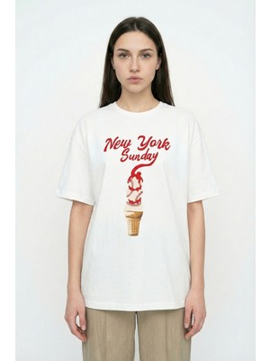 Quzu Dondurma Baskılı Oversize Tişört Ekru