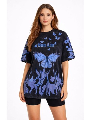 Luz&Pos Kadın Asit Yıkamalı Oversize Tişört Mavi Kelebek Baskılı Dijital Print Bisiklet Yaka Streetwear T-Shirt - Siyah