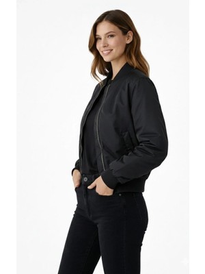 Luz&Pos Kadın Premium Bomber Ceket Çıtçıt Kapamalı, Ribana Manşetli, Astarlı, Regular Fit Mont - Siyah