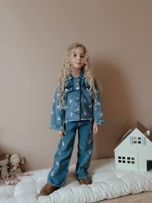 ButumiKids Denim Kumaş Kelebek Desenli Kız Çocuk Kot Ceket ve Pantolon Takım