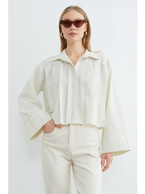 FullaModa Pileli Geniş Kol Salaş Crop Gömlek