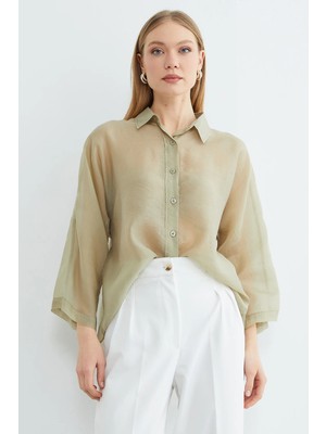 FullaModa Jakarlı Kapri Kol Transparan Gömlek