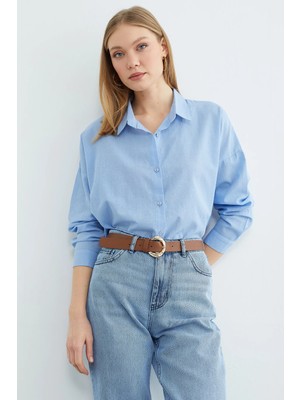 FullaModa Basic Keten Görünümlü Oversize Gömlek
