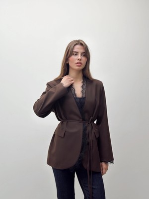 Maldia Shop Velora Dantel  Kuşaklı Kahve Blazer Ceket
