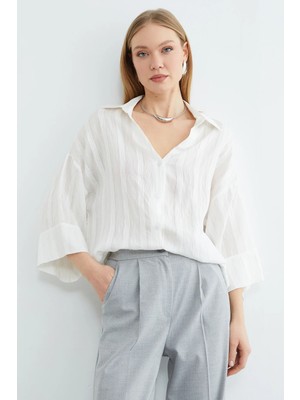 FullaModa Çizgili Kapri Kol Salaş Gömlek