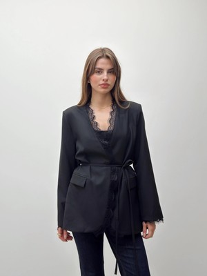 Maldia Shop Velora Dantel  Kuşaklı Siyah Blazer Ceket