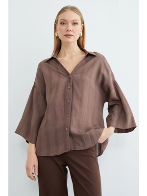 FullaModa Çizgili Kapri Kol Salaş Gömlek